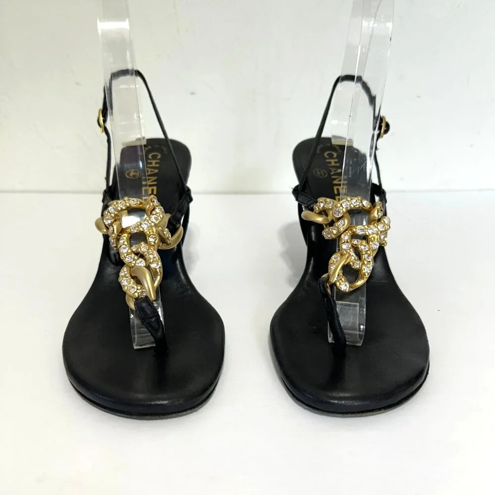 Chanel Sz 36 Black Leather Slingback Heels With Gold Chain Rhinestone Detail
